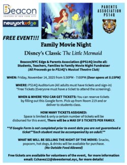 flyer advertising little mermaid movie night on friday, november 14, 5:30-7 pm at PS 14